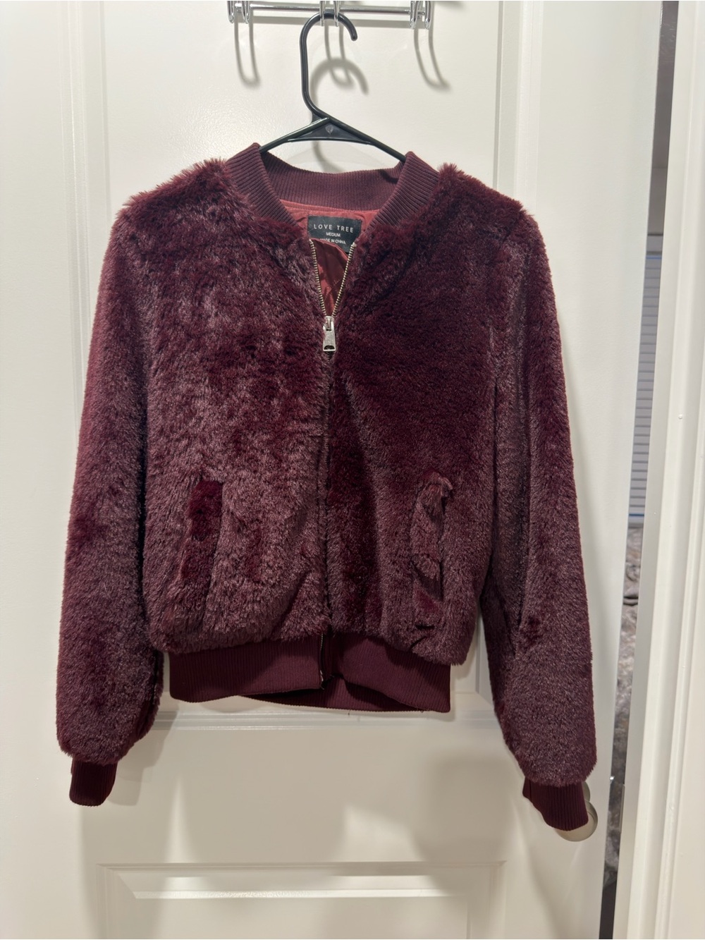 Love Tree Faux Fur Bomber Jacket - Deep Wine